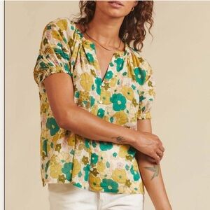 TROVATA BIRDS OF PARADIS June blouse in Bungalow Floral XS Boho Puff Sleeve Gold